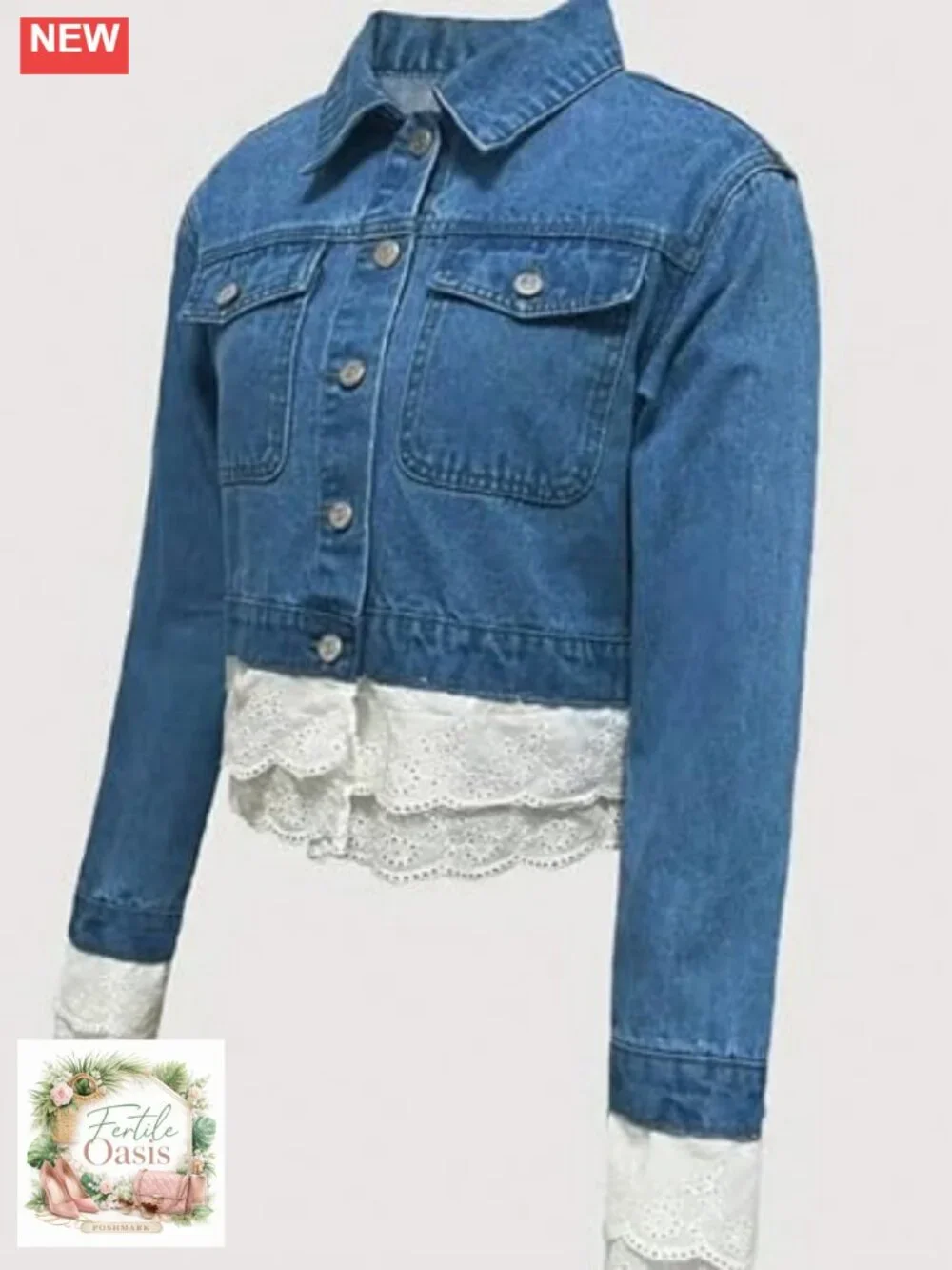 Trendy Color Block Lace Denim Jacket Oversized Button Down Shacket